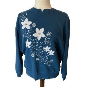 Vtg Christmas Sweatshirt Women Sz L Poinsettia Blue Green Embellished Holiday